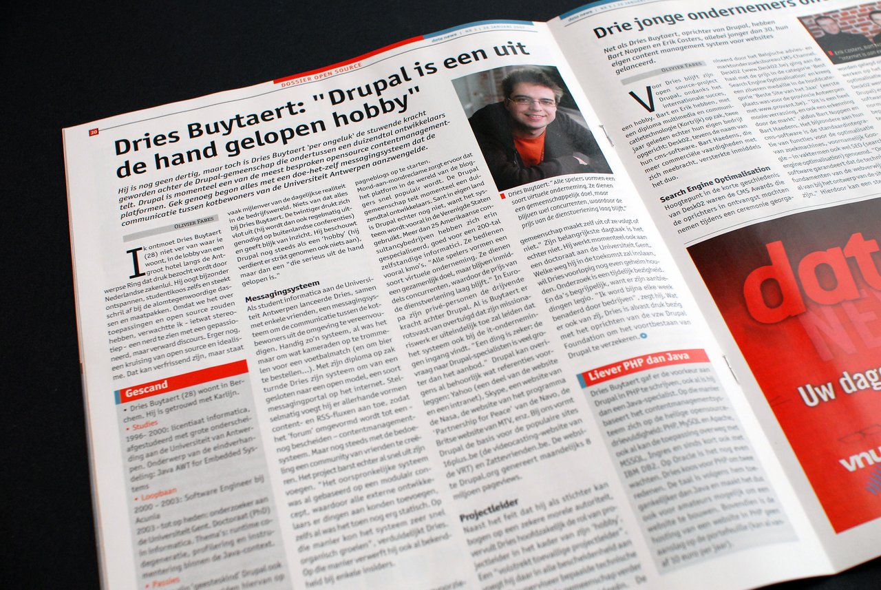 A magazine article about Drupal features a photo of Dries Buytaert and discusses the platform's development and impact.