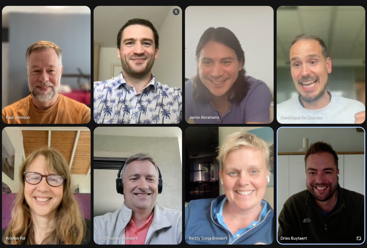 Screenshot of a Google Hangout video call with nine smiling participants, the founding members of the Drupal AI initiative.
