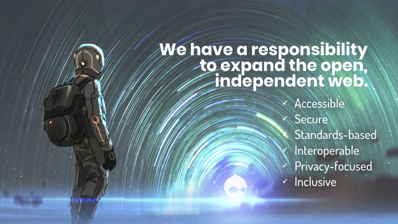 A person dressed in a space suit is headed towards a colorful vortex with a glowing Druplicon at the center.