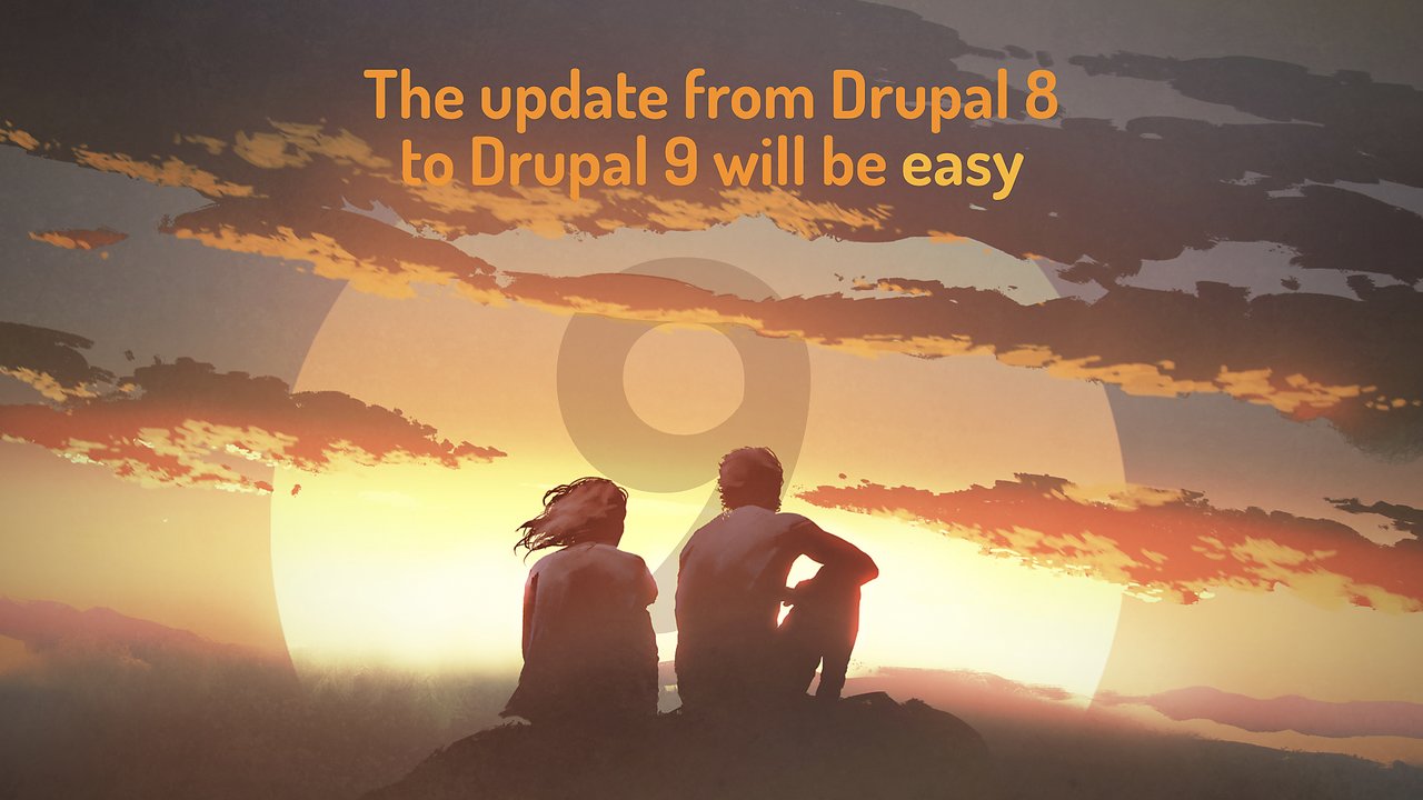 A couple stares off into the distant sunrise, which has a '9' imposed on the rising sun.