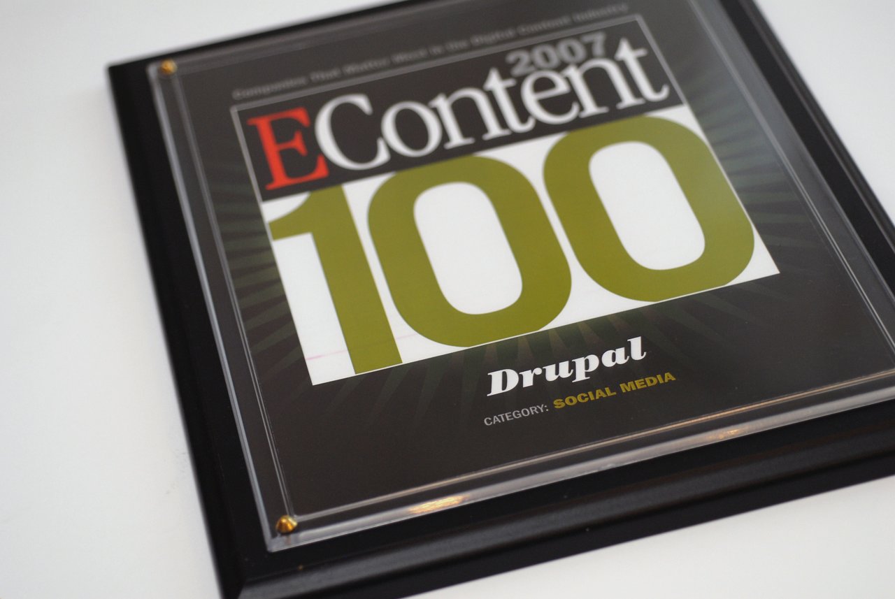 A framed award plaque recognizing Drupal in the 2007 EContent 100 list for the social media category.