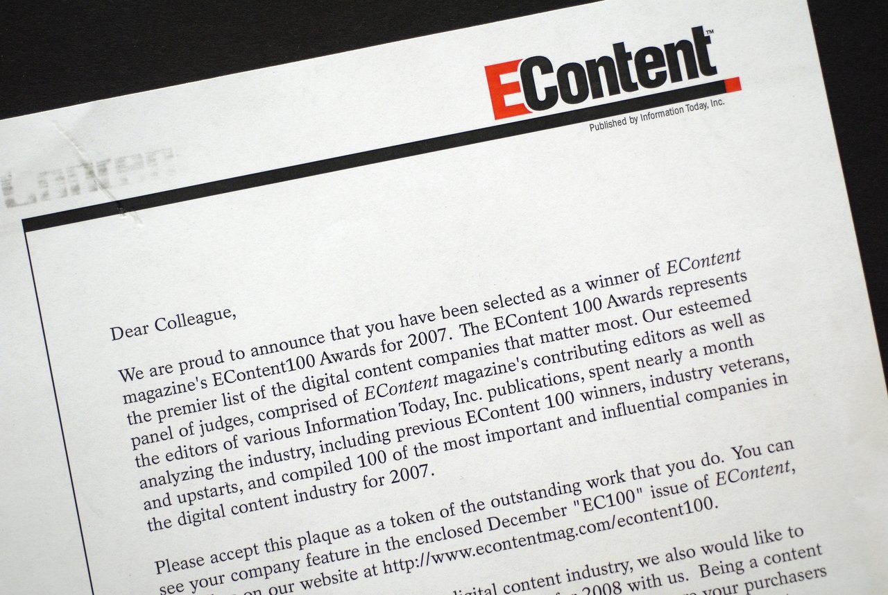 A letter announcing selection as a winner of the EContent 100 Awards for 2007.