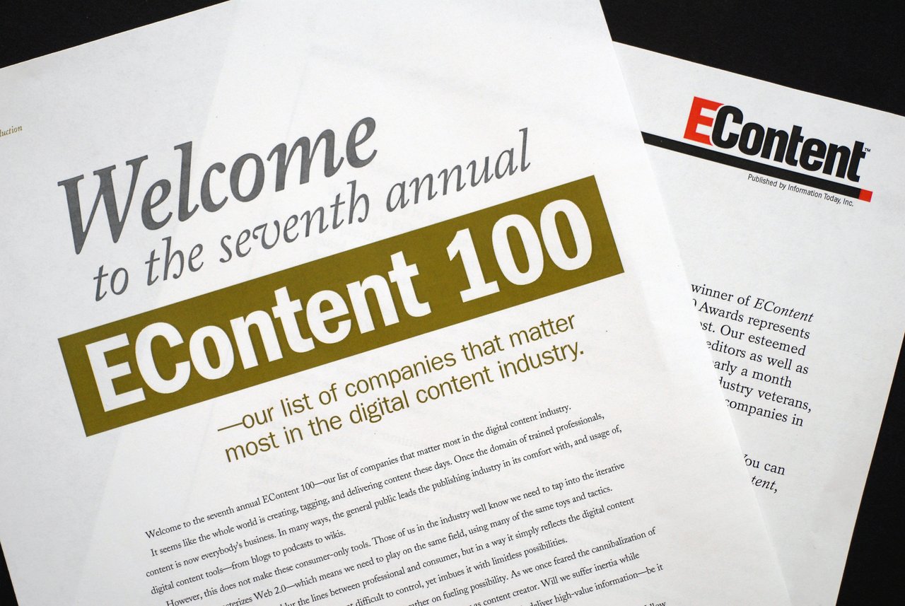 A document announcing the seventh annual EContent 100 list, highlighting important companies in the digital content industry.