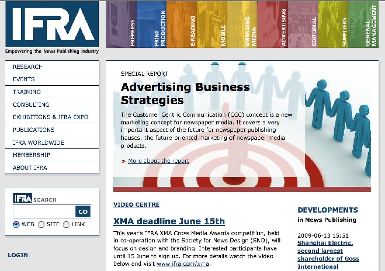 Website screenshot of IFRA featuring an article on advertising business strategies and a notice about the XMA competition deadline.
