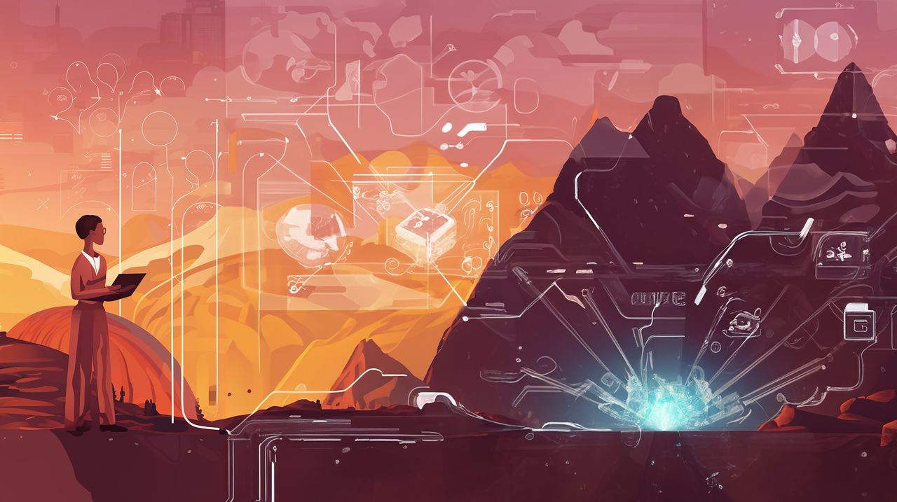 An African-American scientist analyzes converting technologies in a futuristic, cryptopunk setting.