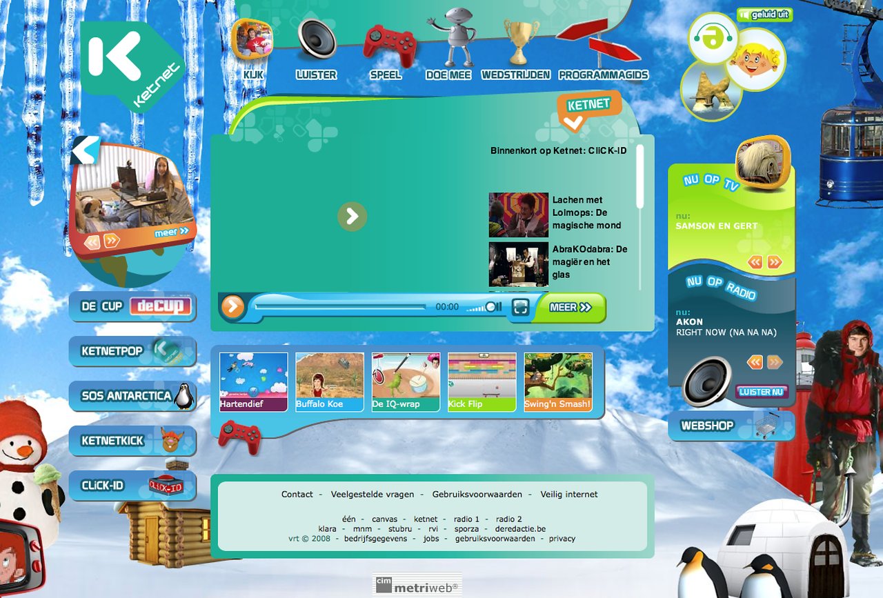 The Ketnet website homepage features games, videos, and program guides with a winter-themed design and interactive elements.