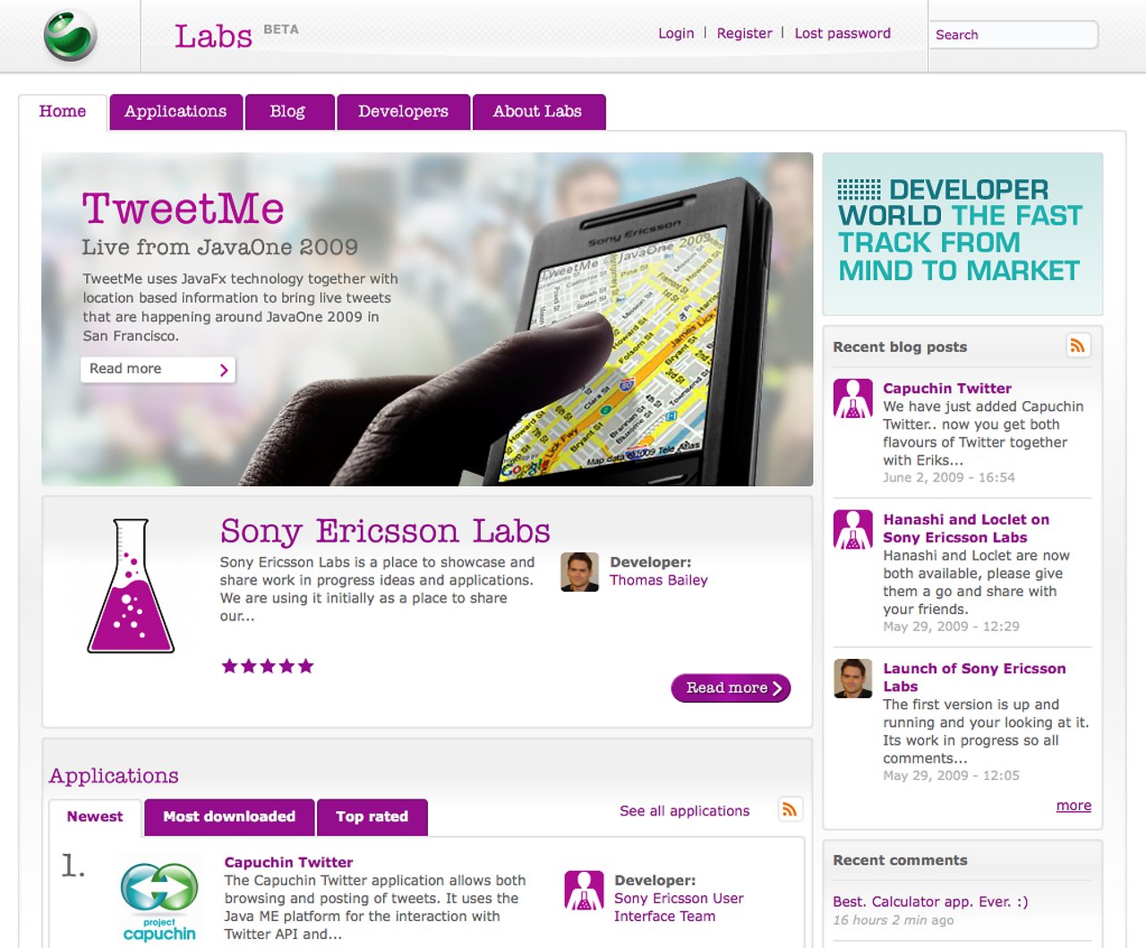 A person holds a Sony Ericsson phone displaying a map, promoting the TweetMe app for live location-based tweets.