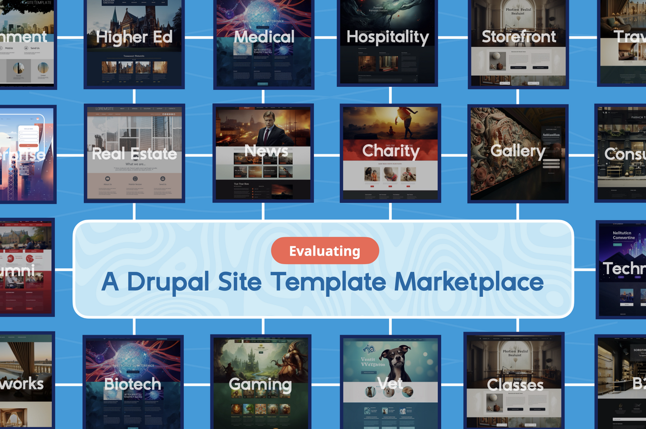 A graphic titled "Evaluating a Drupal Site Template Marketplace" showing a grid of website templates labeled by industry, including Higher Ed, News, Non-profi, and more.