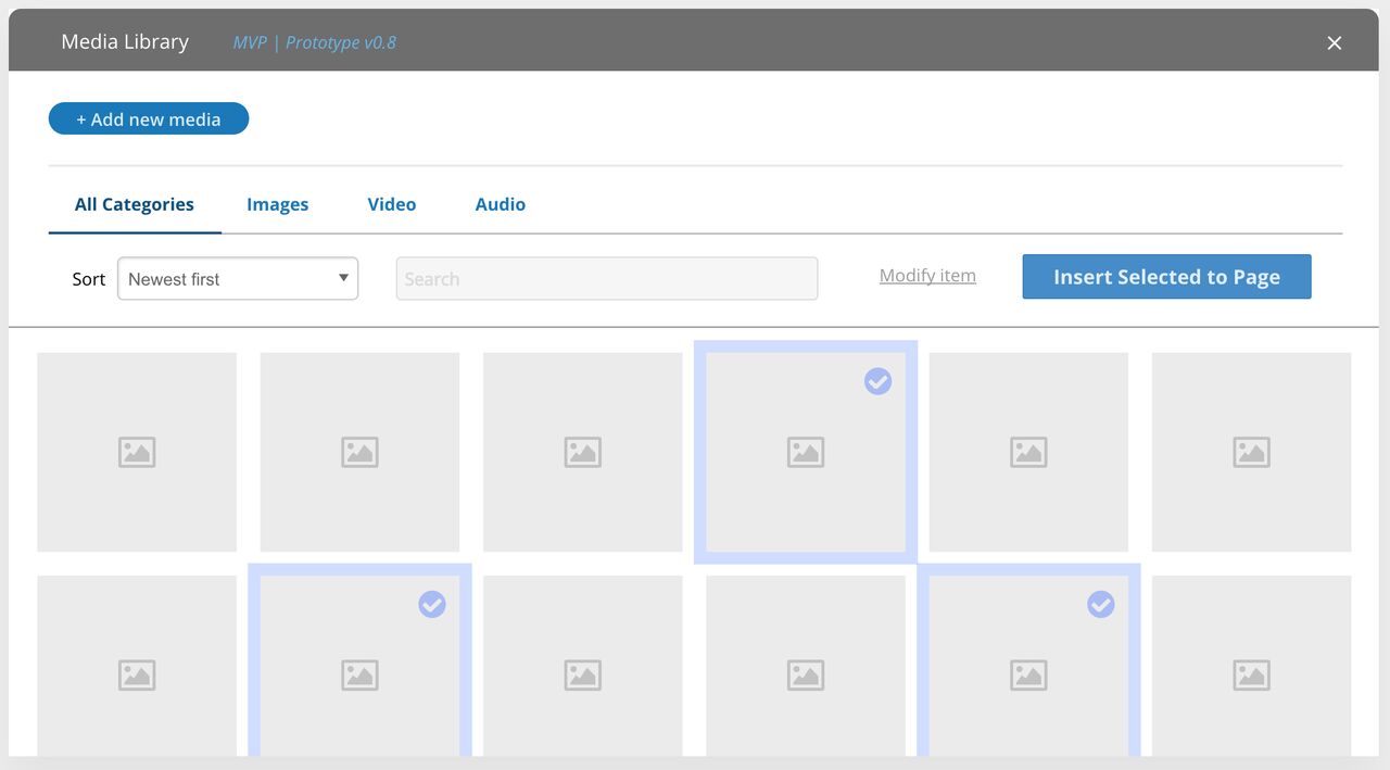 A prototype of a media library interface with selectable image thumbnails and an "Insert Selected to Page" button.