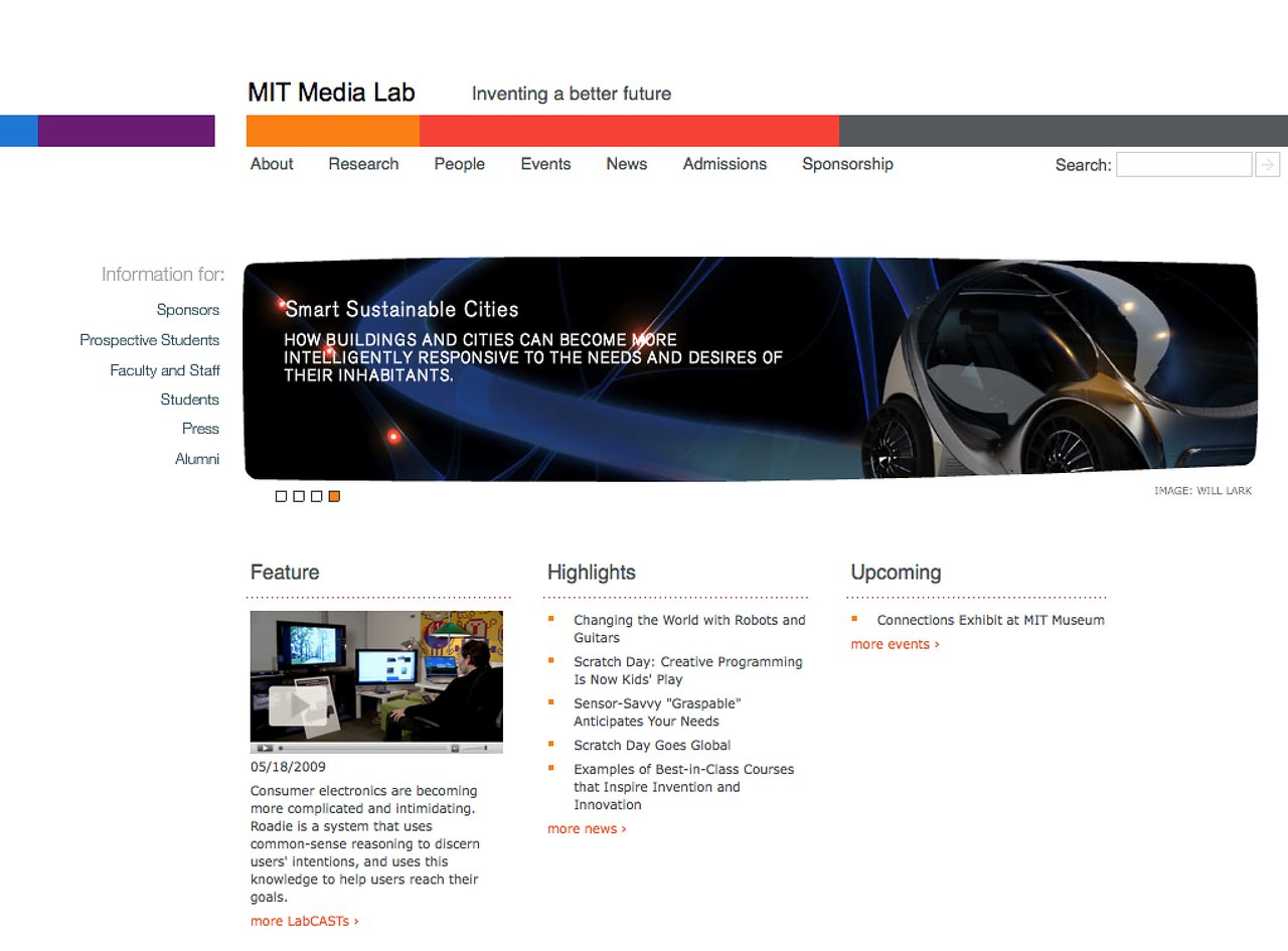 Screenshot of the MIT Media Lab website featuring a banner on smart sustainable cities and a futuristic car concept.
