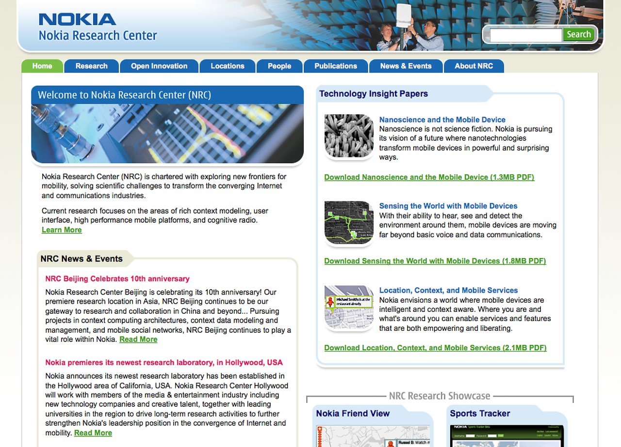 Screenshot of the Nokia Research Center website, showcasing research topics, news, and downloadable technology insight papers.