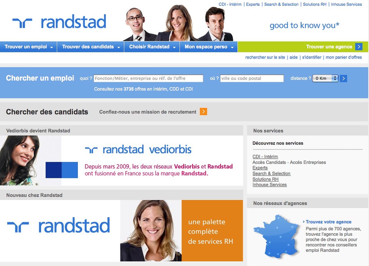 Randstad job search webpage with options to find jobs, candidates, and services, featuring company branding and smiling professionals.