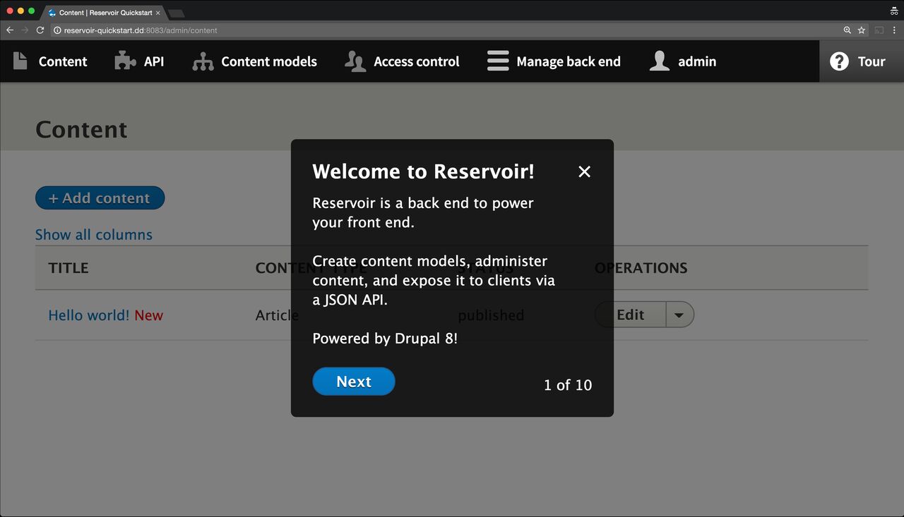 Reservoir welcome screen