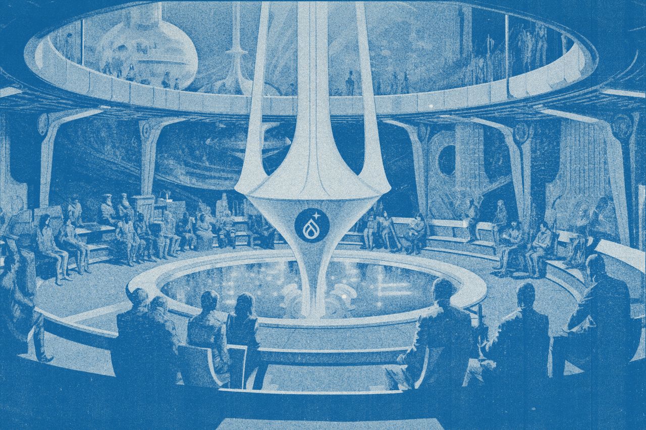 A group of people in a futuristic setting having a meeting in an open forum with a space background.