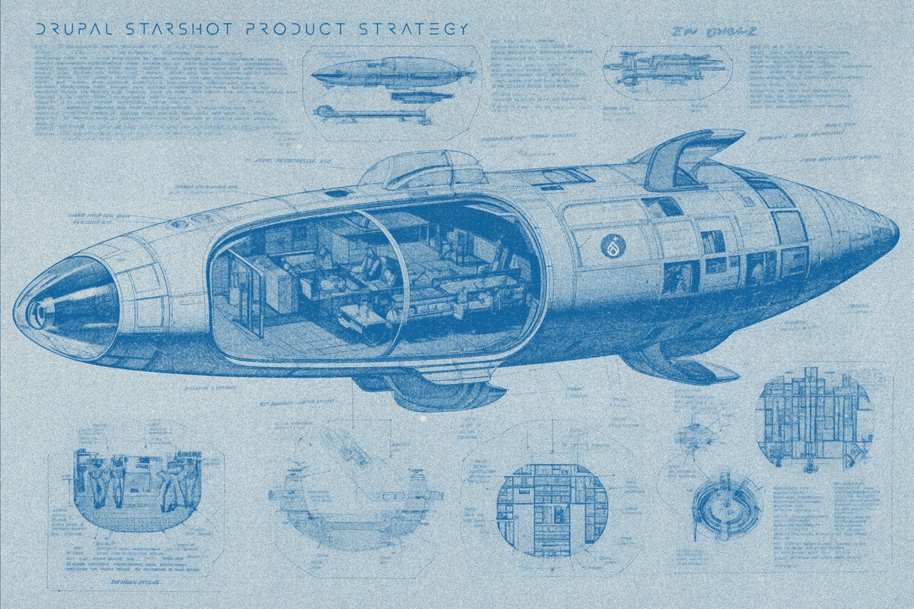 A blueprint-style illustration of a futuristic spacecraft with a cutaway view showing interior workspaces and crew members.