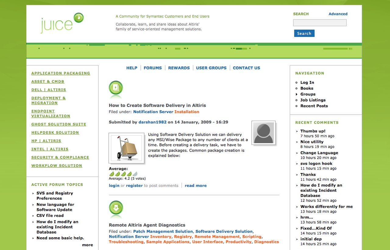 Symantec community webpage discussing software delivery in Altiris, with forum topics, navigation links, and recent user comments.