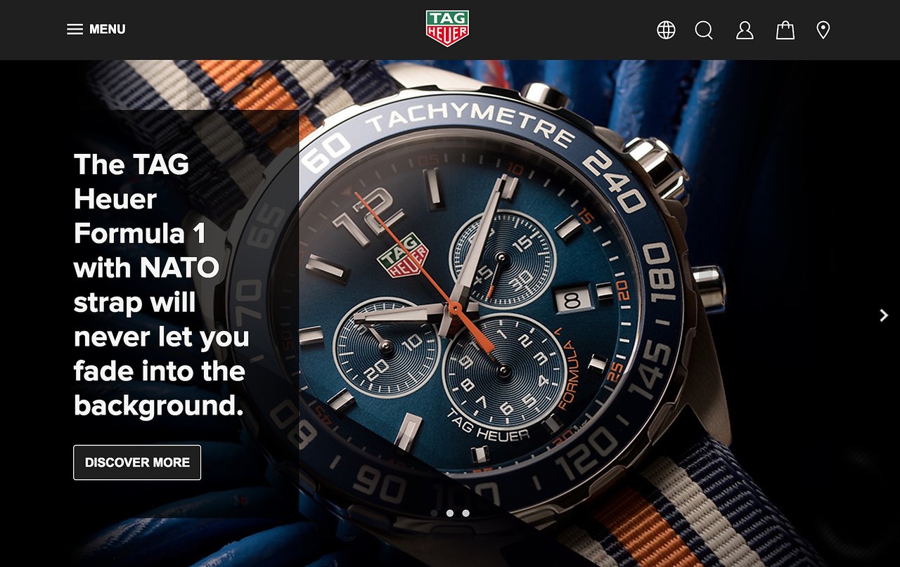 Close-up of a TAG Heuer Formula 1 watch with a NATO strap, featuring a promotional message and call-to-action.