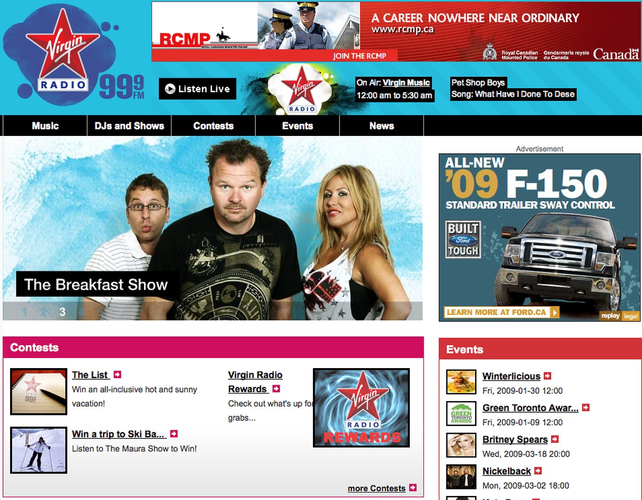 A promotional webpage for Virgin Radio featuring "The Breakfast Show" hosts, contests, events, and advertisements.