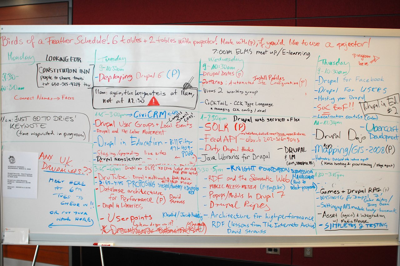 A whiteboard displays the "Birds of a Feather" schedule for DrupalCon Boston 2008, listing various discussion topics and sessions.