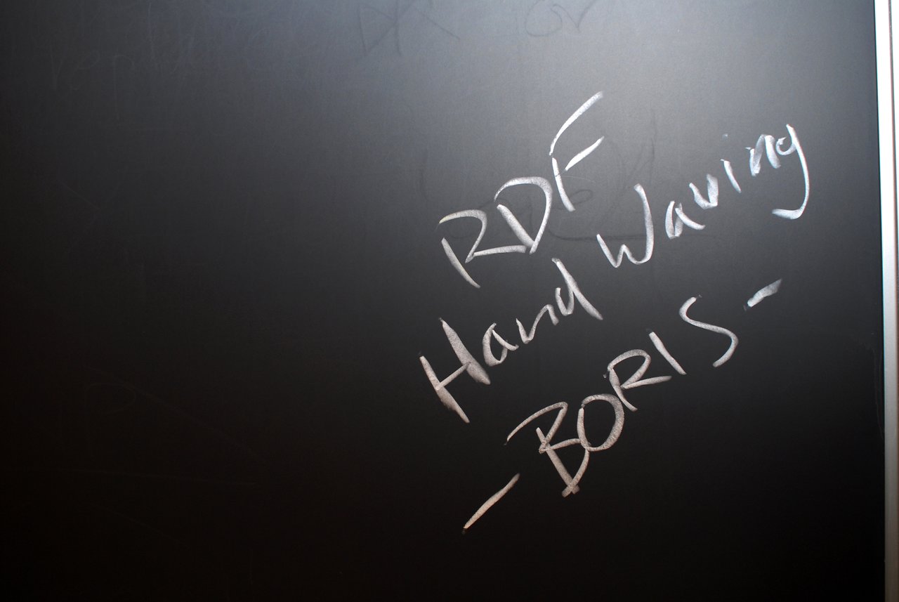 White chalk writing on a blackboard that says 'RDF hand waving'.