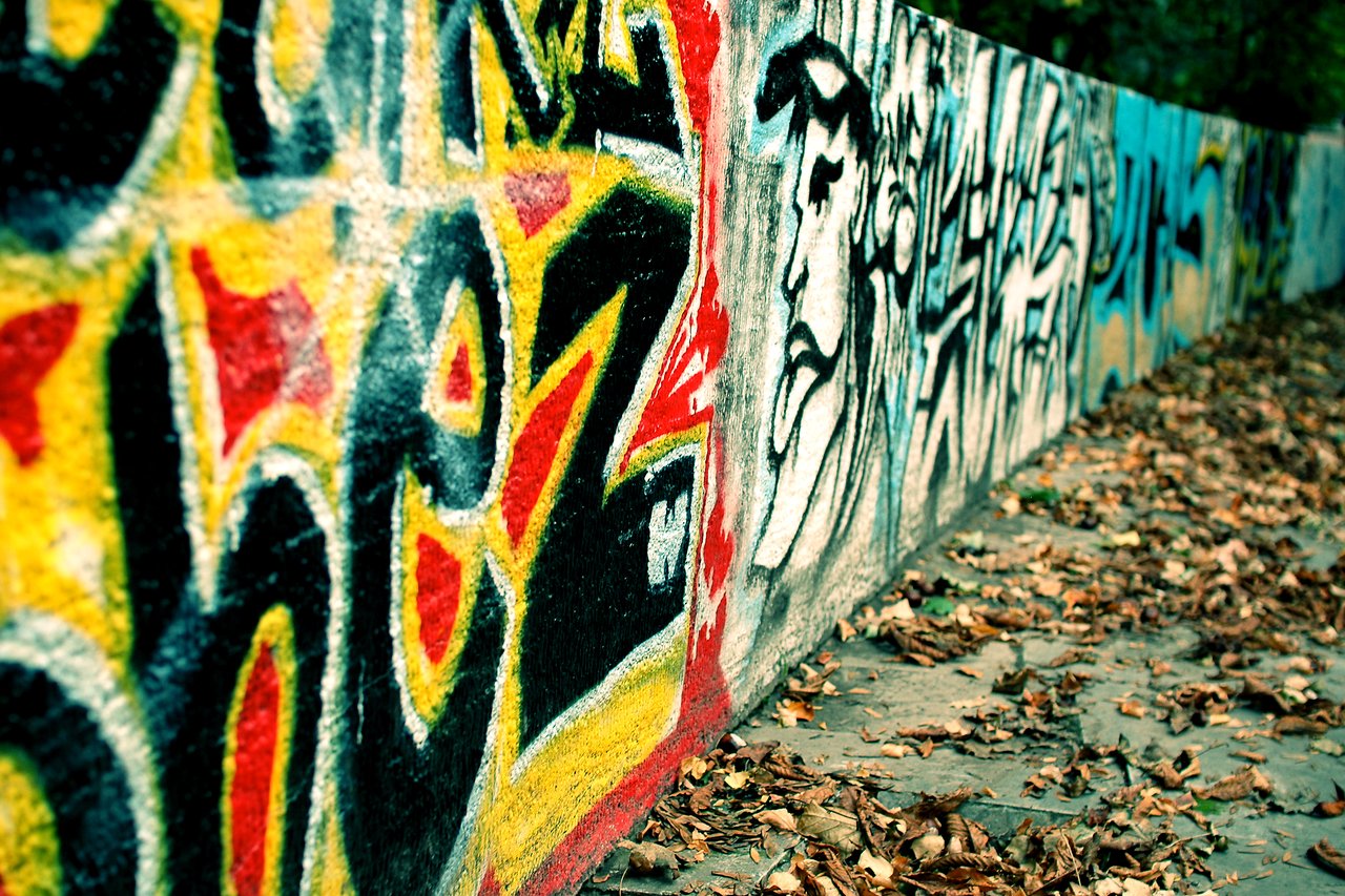 A graffiti-covered wall with colorful abstract designs and a black-and-white face, with fallen leaves on the ground.