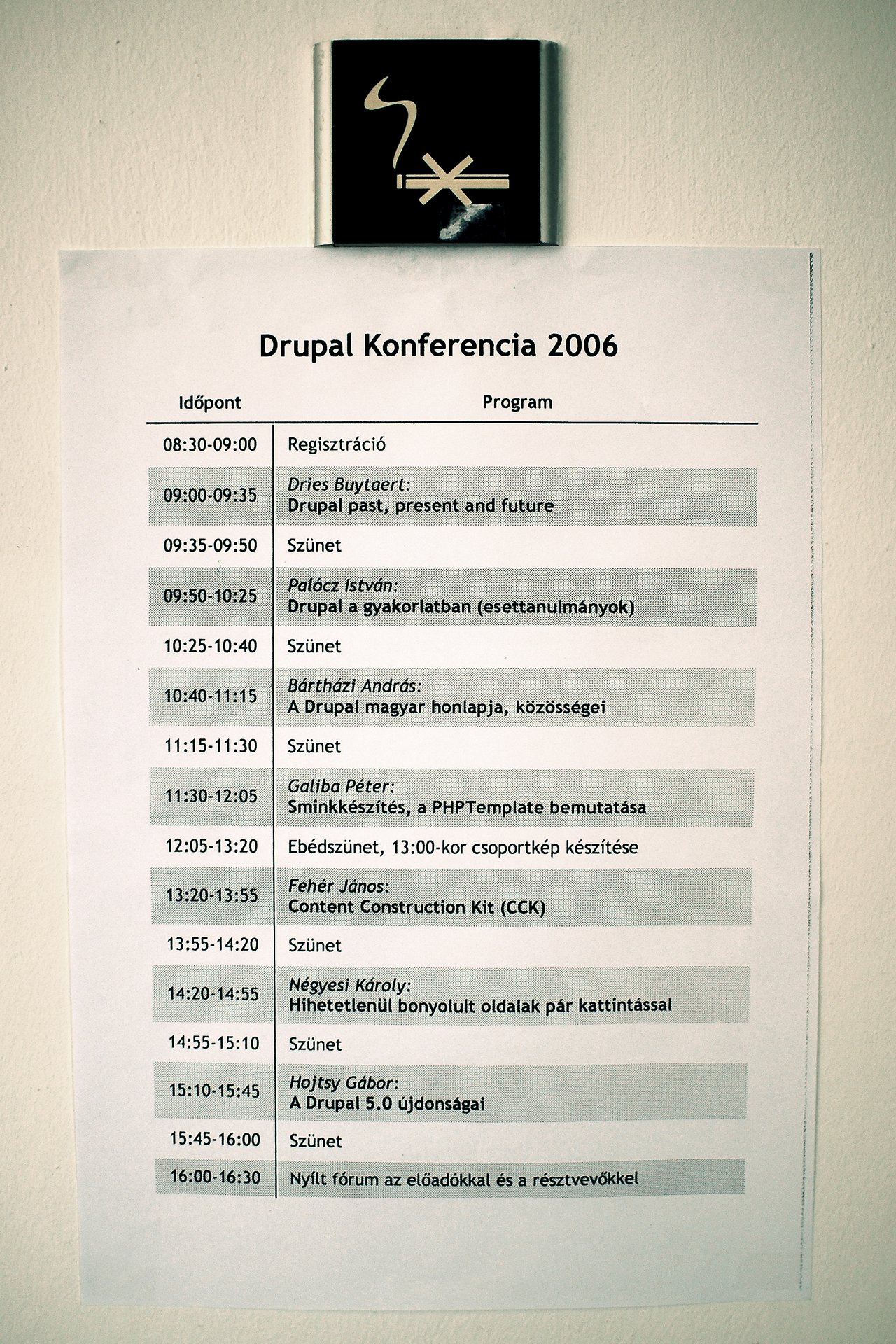A printed schedule for Drupal Konferencia 2006, listing session times, speakers, and topics in Hungarian.