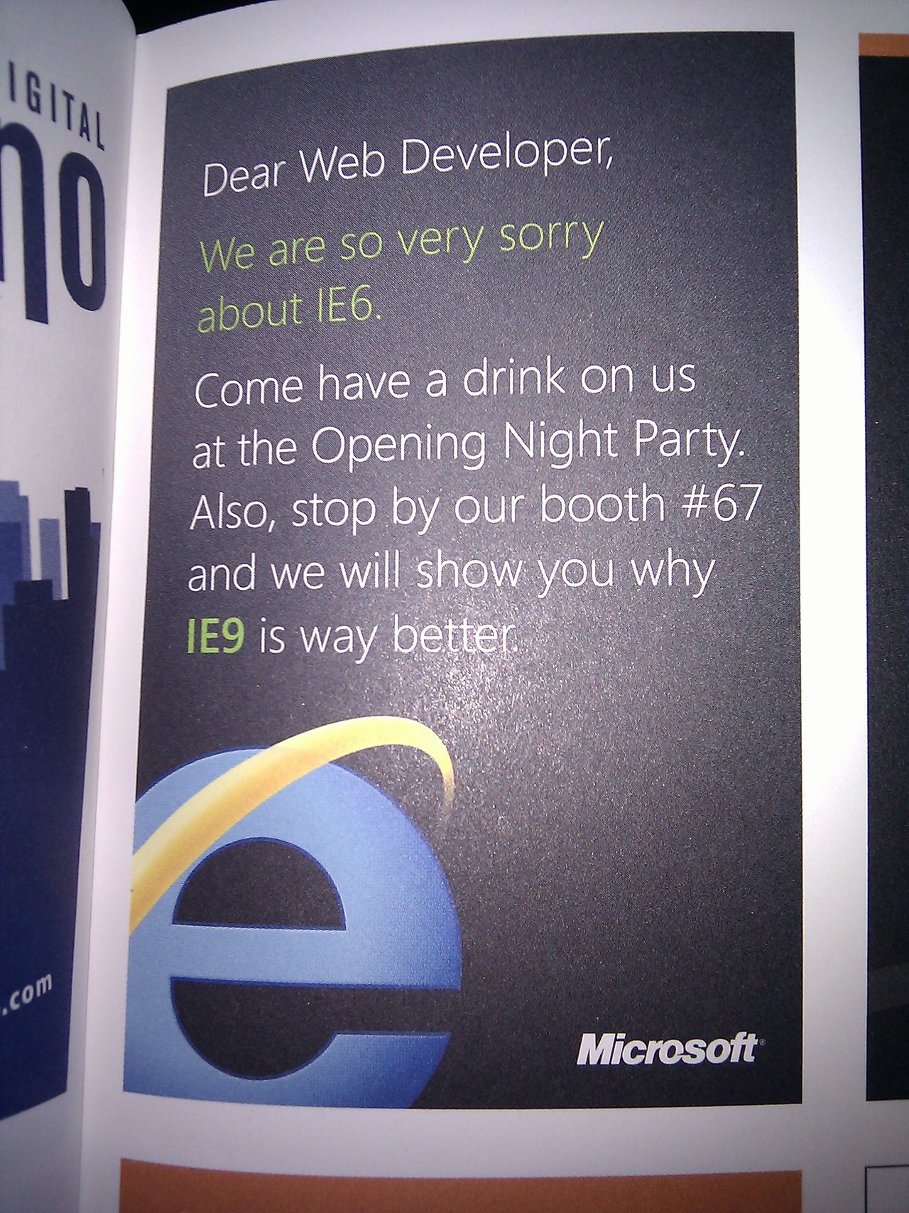 Microsoft ad apologizing for Internet Explorer 6, inviting developers to try IE9 at their booth and event.