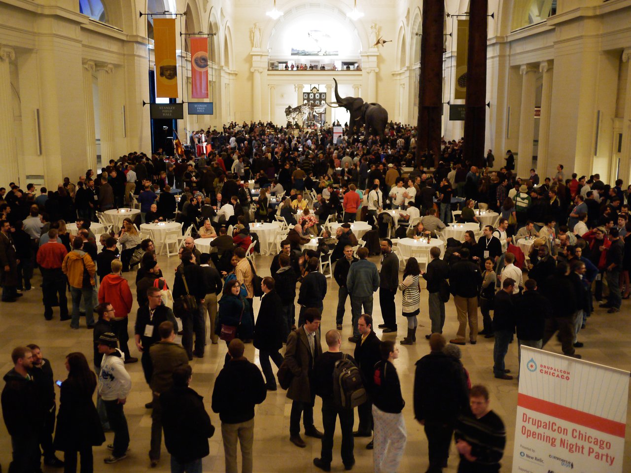 A large crowd gathers at the Field Museum for the DrupalCon Chicago 2011 opening night party.