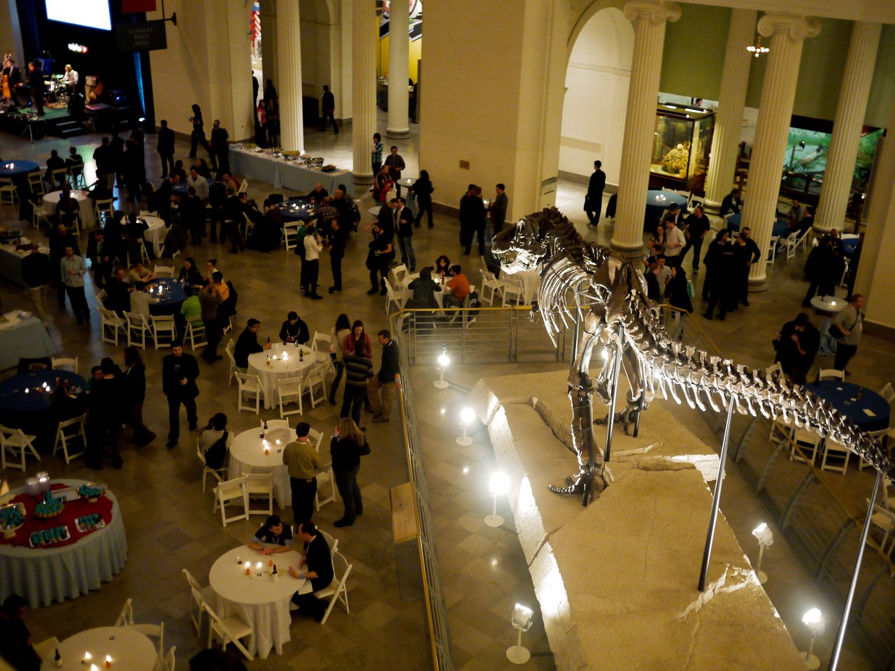 People gather around tables at a museum event, with a large T.