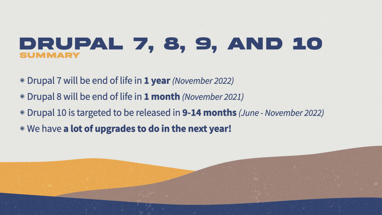 Slide summarizing Drupal version timelines, including end-of-life dates for Drupal 7 and 8 and Drupal 10's release target.