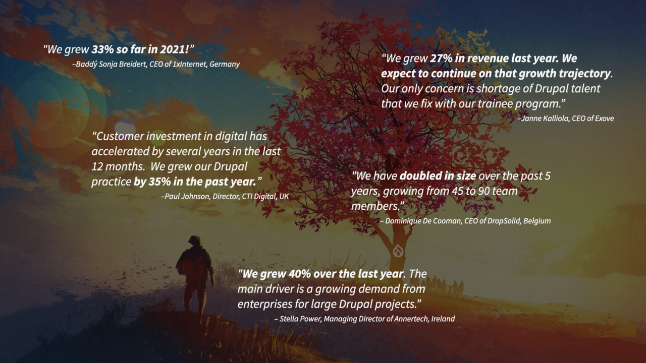 Slide with quotes from Drupal agencies CEOs stating that they are growing fast