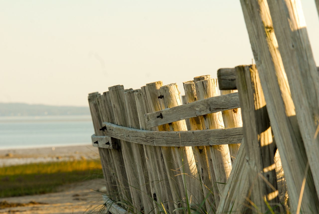 A weathered wooden fence runs along a sandy path near the beach, with calm water in the background.