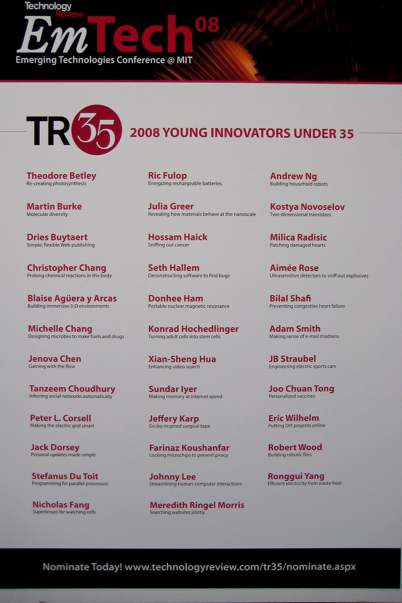A poster from MIT's EmTech 2008 highlights the TR35 list of young innovators under 35 and their technological contributions.