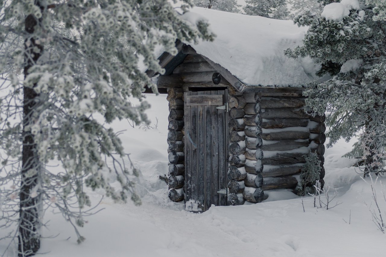 A small wooden outhouse covered in snow, surrounded by trees in a winter landscape within the Arctic Circle.