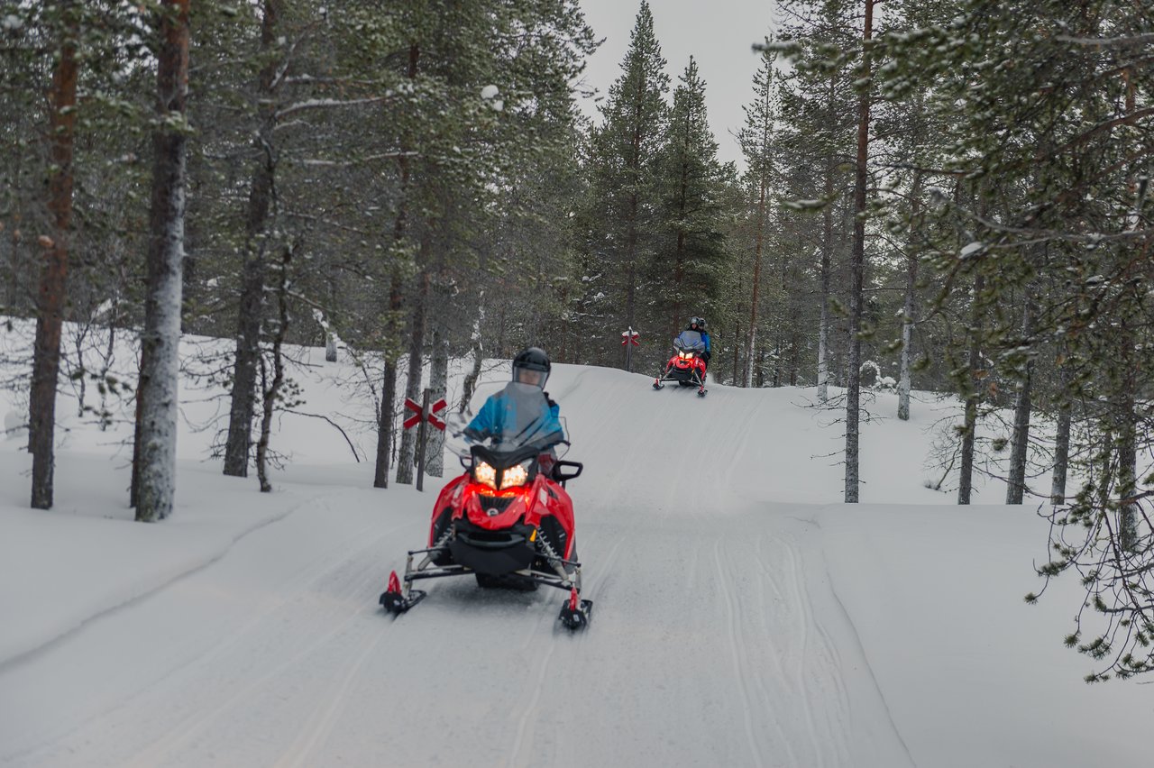 Two people ride red snowmobiles on a snowy trail through a forest in Lapland.