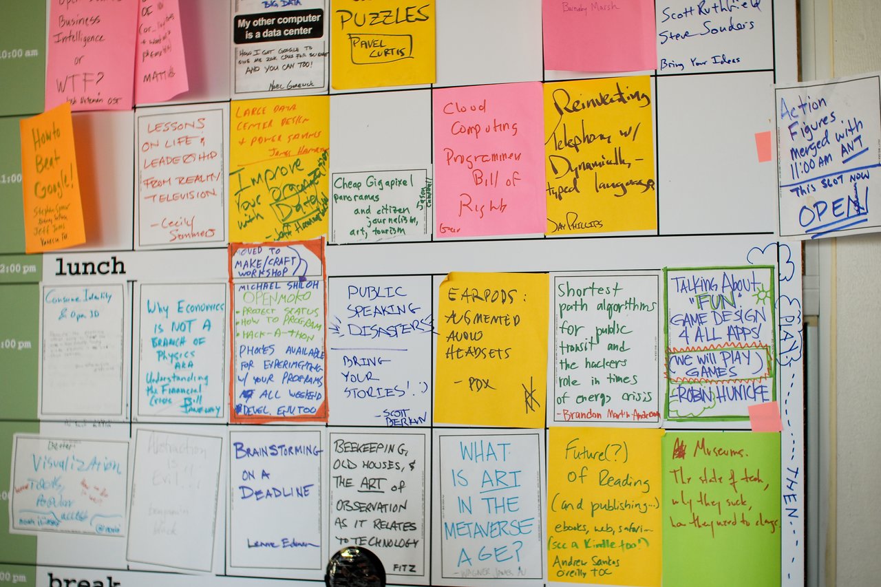 A schedule board covered with colorful handwritten notes listing various discussion topics and workshops at Foocamp 2008.