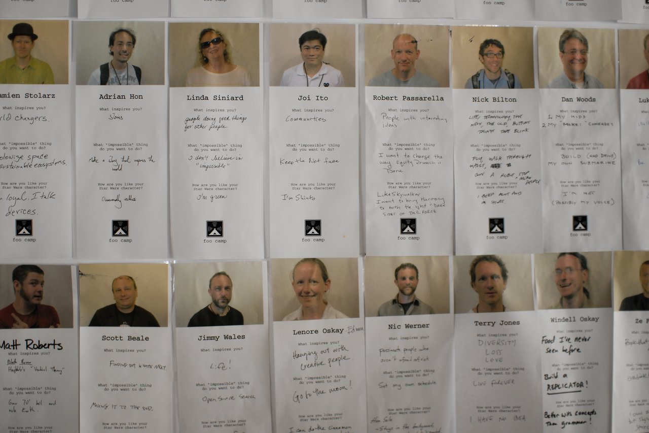 A wall display of participant portraits and handwritten responses from Foo Camp 2008, sharing inspirations and aspirations.