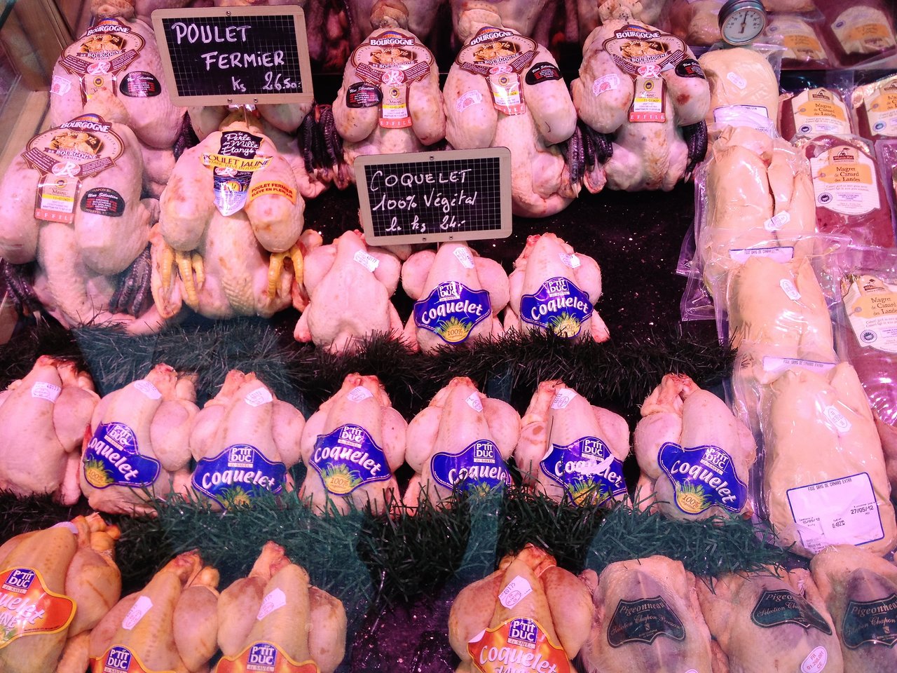 A display of raw, packaged chickens labeled "Poulet Fermier" and "Coquelet" at a market, with price signs visible.