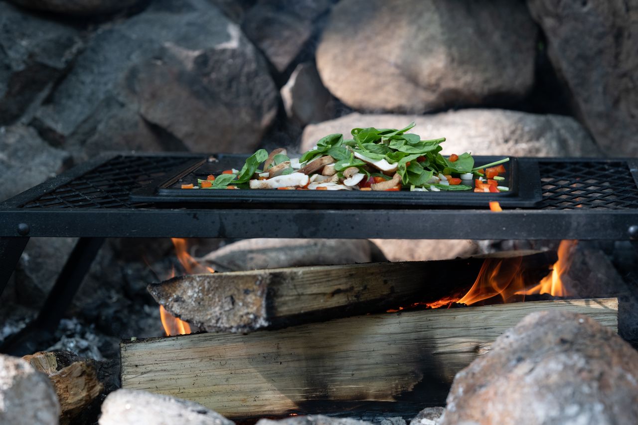 Vegetables and greens cooking on a griddle over a campfire at a campsite.