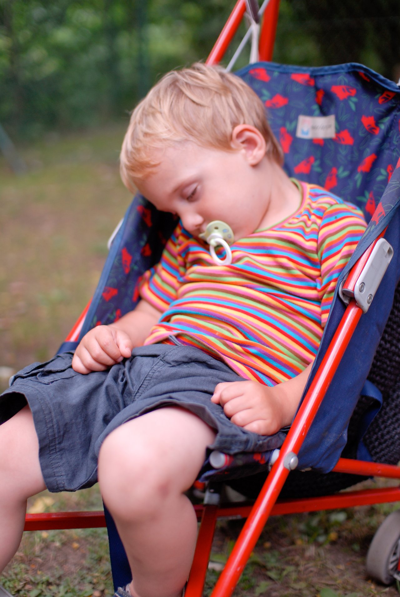 A young child with a pacifier sleeps in a stroller, wearing a colorful striped shirt and dark shorts.
