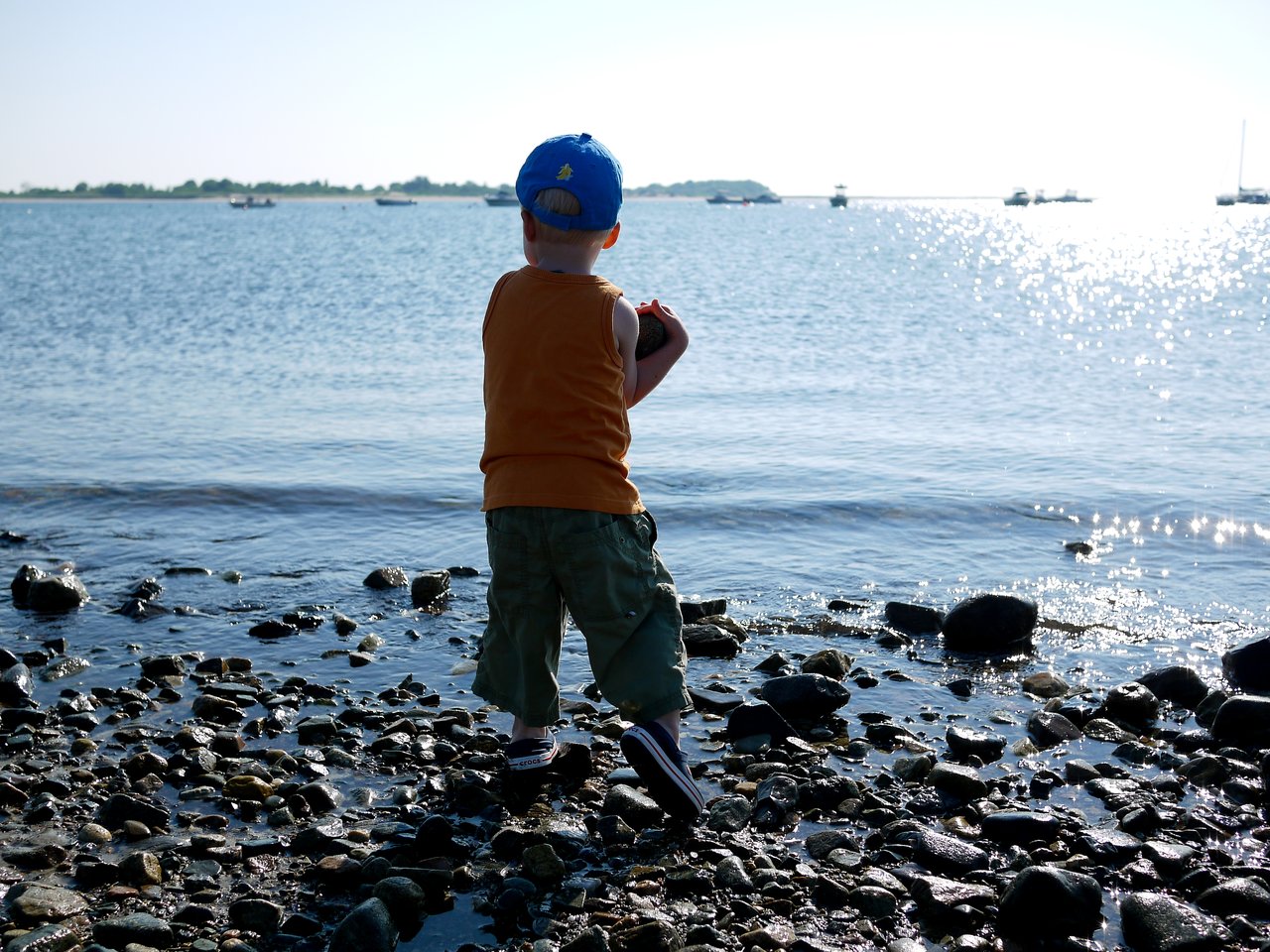 A child in a blue cap and orange shirt throws a rock into the water at a rocky shoreline.