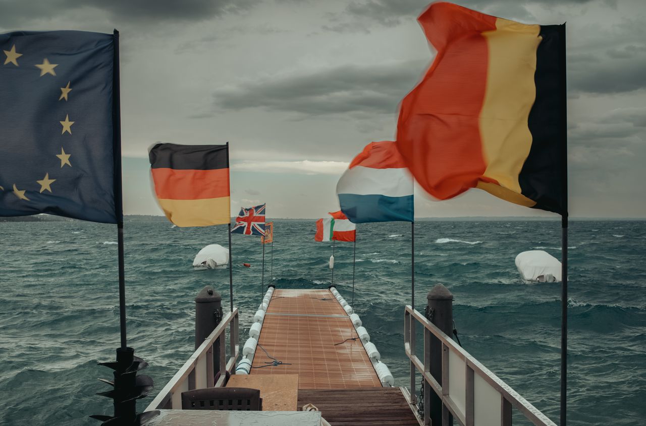 Flags waving fiercely due to a storm