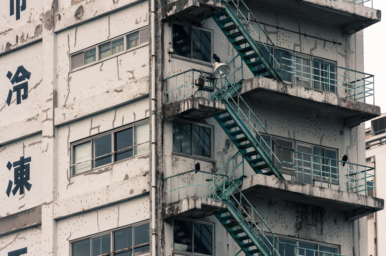 An old building with metal fire escapes and several black birds perched on the railings.