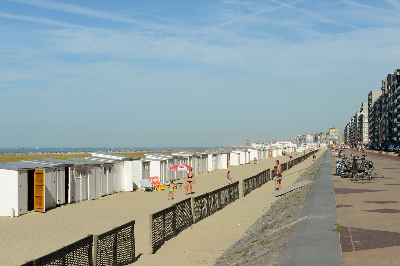 Rows of white beach cabins on sandy shore with people relaxing, playing, and walking along the promenade.