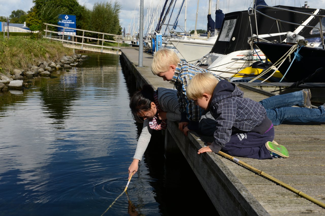 A woman and two children lean over a dock, using a stick to touch the water.