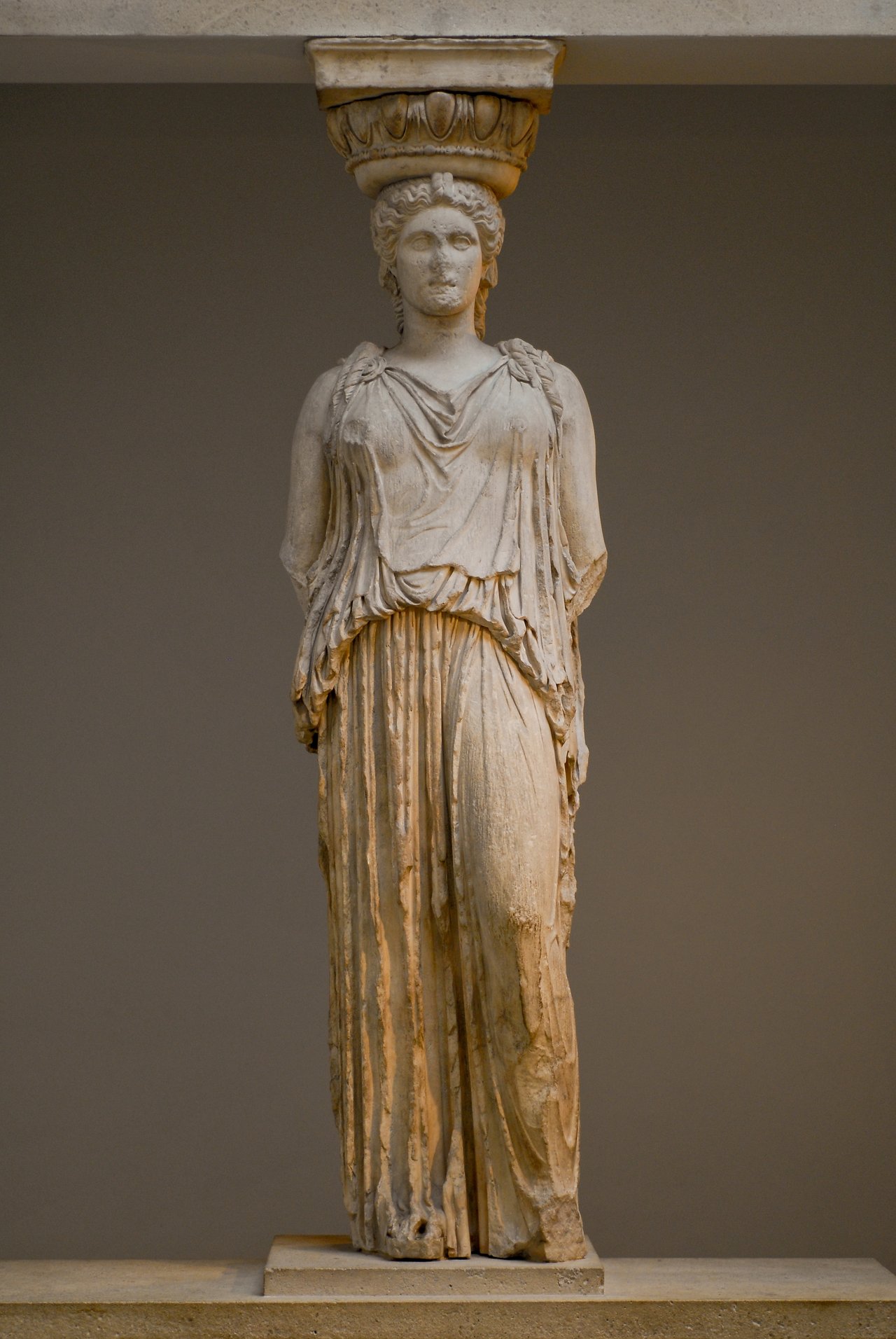 A marble caryatid statue from the Erechtheum temple in Athens, now displayed in the British Museum.