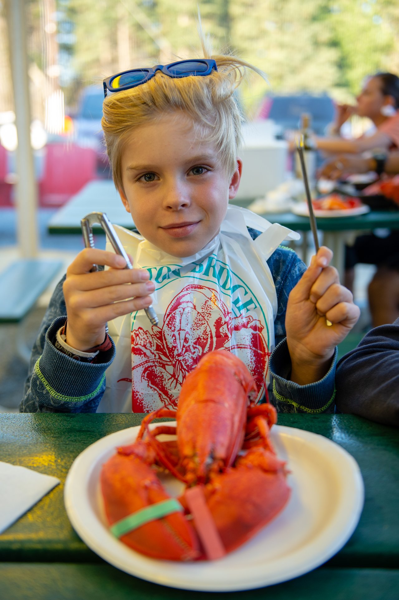 A child wearing a bib holds lobster crackers and a pick, ready to eat the cooked lobster in front of him.