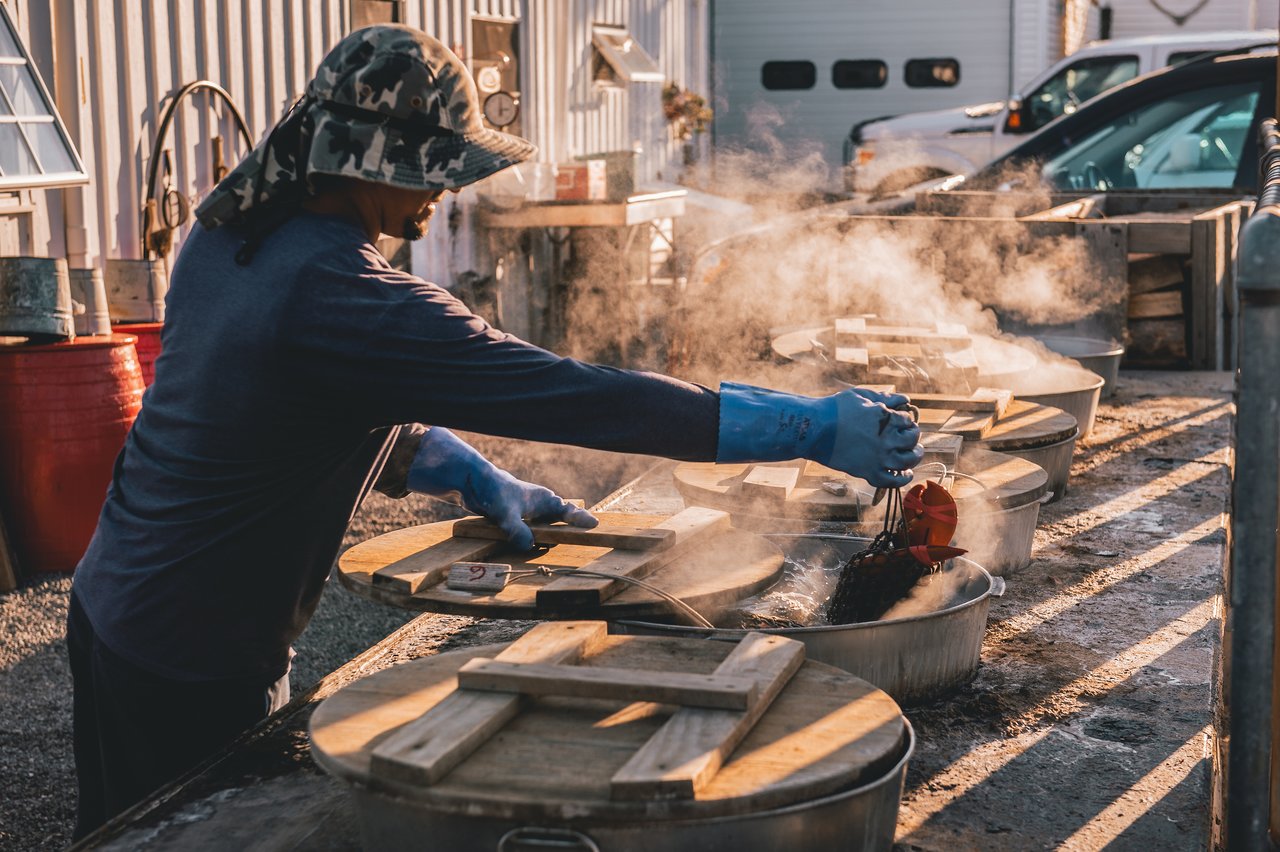 A worker wearing gloves and a hat lifts a basket of seafood from a steaming pot outdoors.