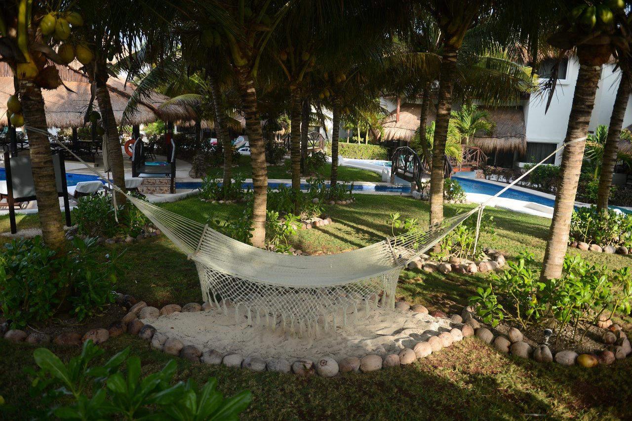 A white hammock is tied between two palm trees in a tropical resort with a pool and thatched-roof huts.
