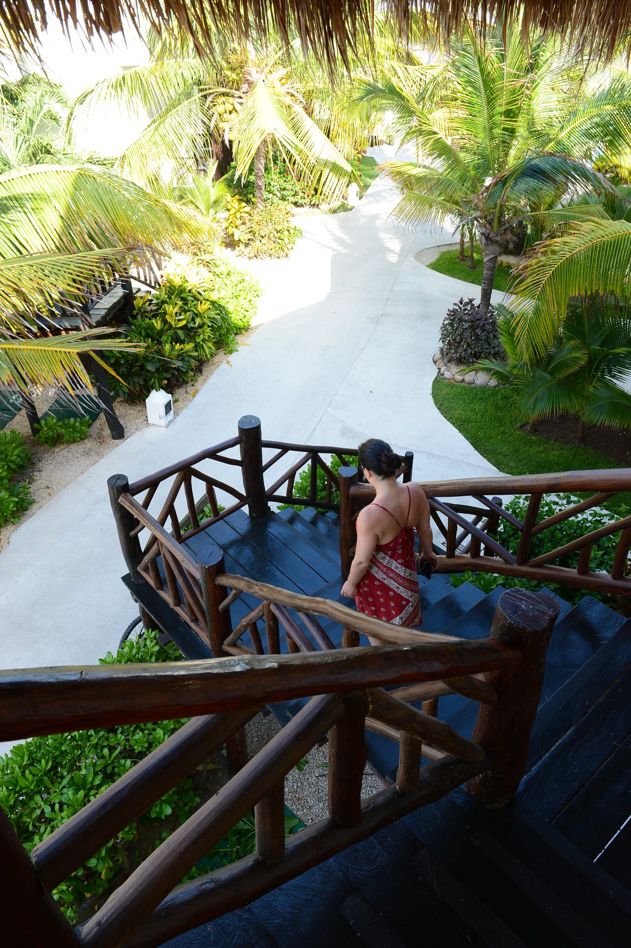 A woman in a red dress walks down a wooden staircase surrounded by green palm trees.